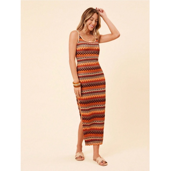 Knit Striped Tank Dress Side Leg Slit Long Ribbed Multicolor Long, Slim - Picture 6 of 13